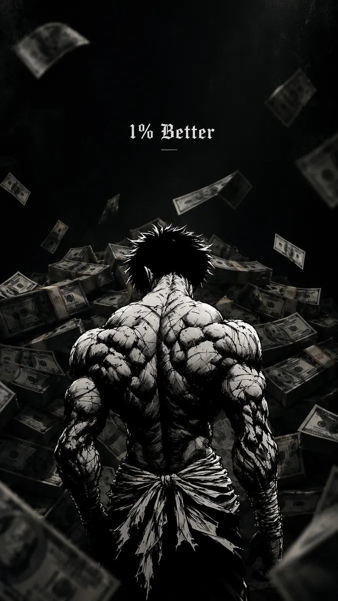 A muscular man with his back turned, standing in front of piles of cash with money falling around him in black and white.