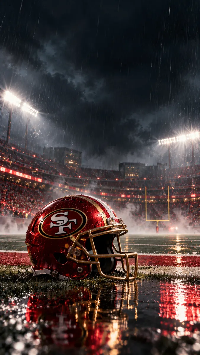 Un casco de fútbol americano de los San Francisco 49ers en rojo y dorado descansando sobre un campo de césped mojado por la noche bajo las brillantes luces del estadio.