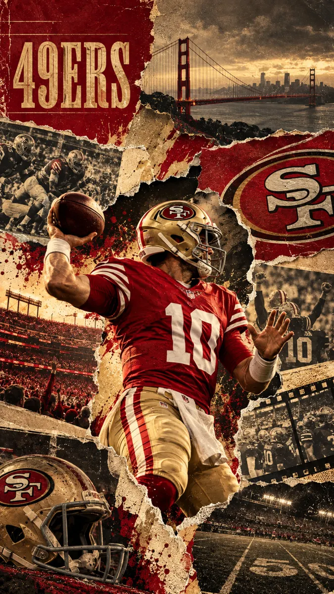 كولاج يظهر لاعب وسط 49ers يرمي كرة القدم، وشعار الفريق، وجسر جولدن جيت بأسلوب الورق الممزق.