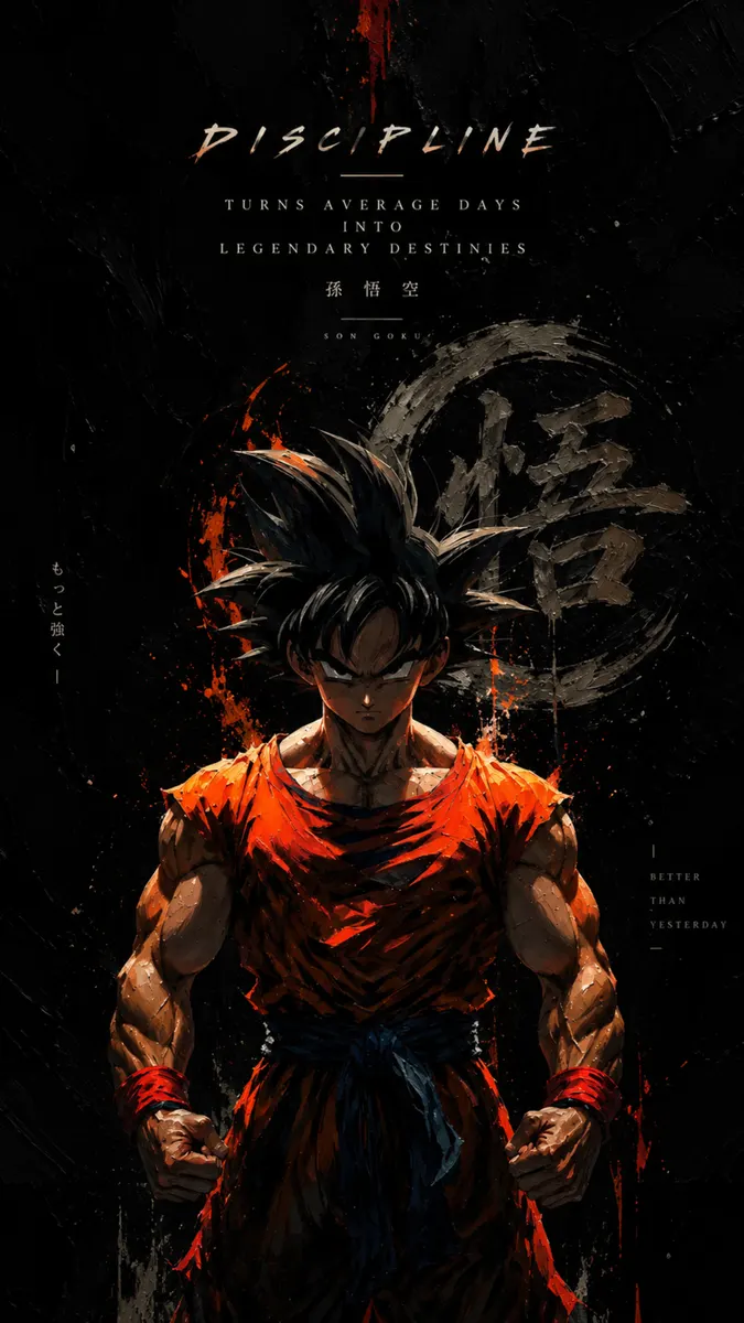 Goku avec des cheveux noirs en pointe portant un gi échiré, debout les poings serrés dans un style artistique sombre et texturé.