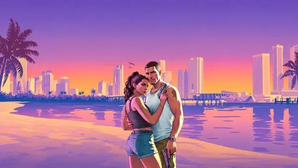 도시 스카이라인과 일몰 하늘을 배경으로 해변에 함께 서 있는 Gta 6의 Lucia와 Jason