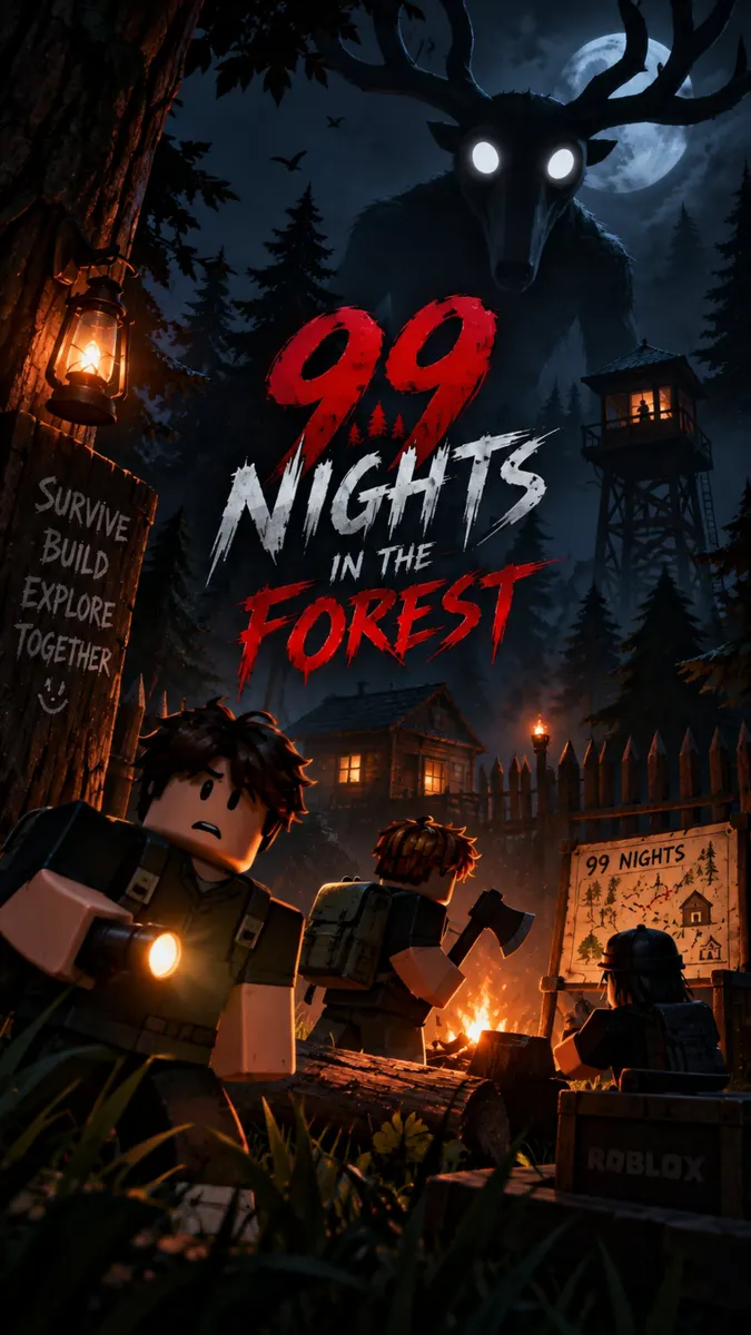Personajes en bloques de Roblox parados en un bosque oscuro por la noche cerca de una fogata con la silueta de una gran criatura acechando en el fondo.