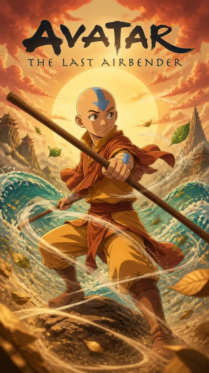Aang de Avatar The Last Airbender sosteniendo un bastón de madera con agua controlada a su alrededor bajo un cielo brillante al atardecer.