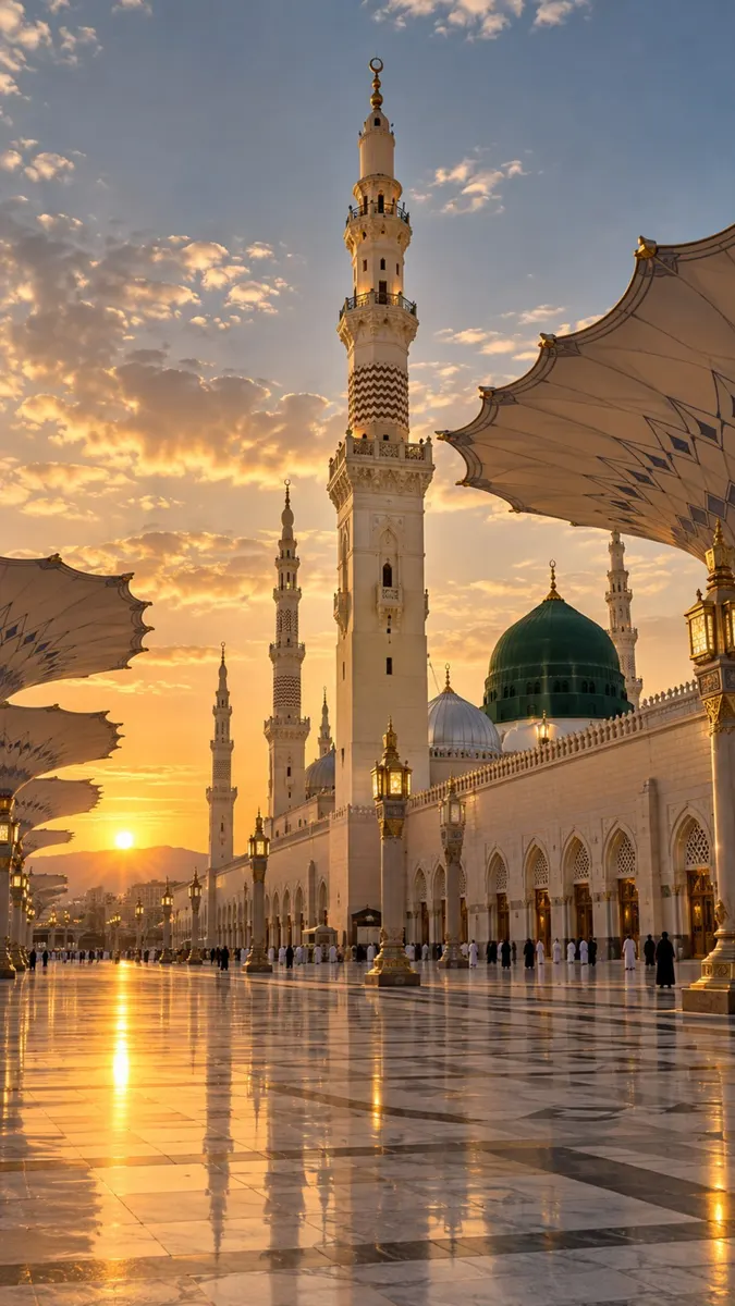 Halaman Al-Masjid an-Nabawi saat matahari terbenam dengan cahaya keemasan memantul di lantai marmer dan payung besar yang memberikan keteduhan.