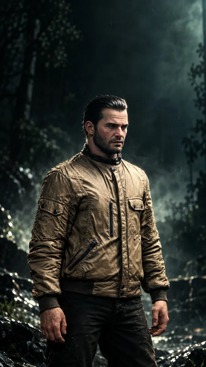 Alex Mason con cabello oscuro y barba vistiendo una chaqueta de pie en un bosque lluvioso