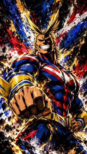 All Might berdiri dengan senyum percaya diri dan kepalan tangan mengenakan setelan pahlawan biru, merah, dan kuningnya.