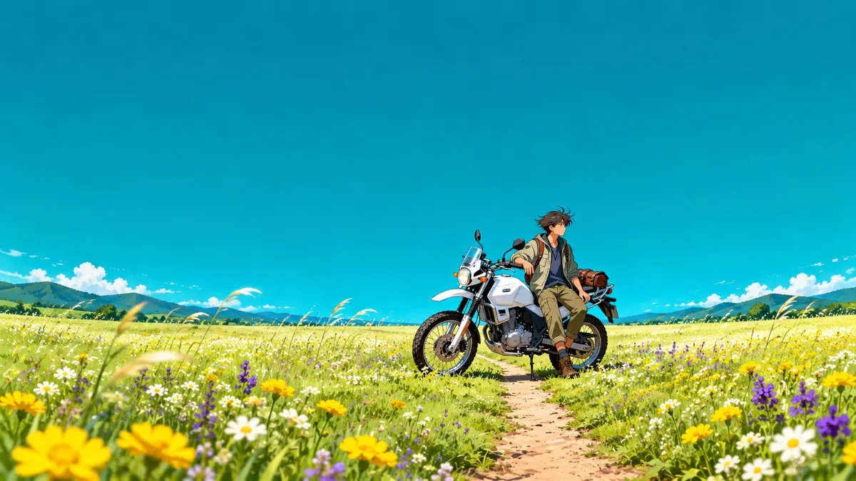 Anime-Charakter sitzt auf einem weißen Motorrad in einem riesigen Feld aus gelben und weißen Wildblumen unter einem hellblauen Himmel