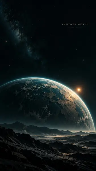 小さな明るい星がある星空の下、暗く荒涼とした岩だらけの風景の上にそびえ立つ巨大な惑星。