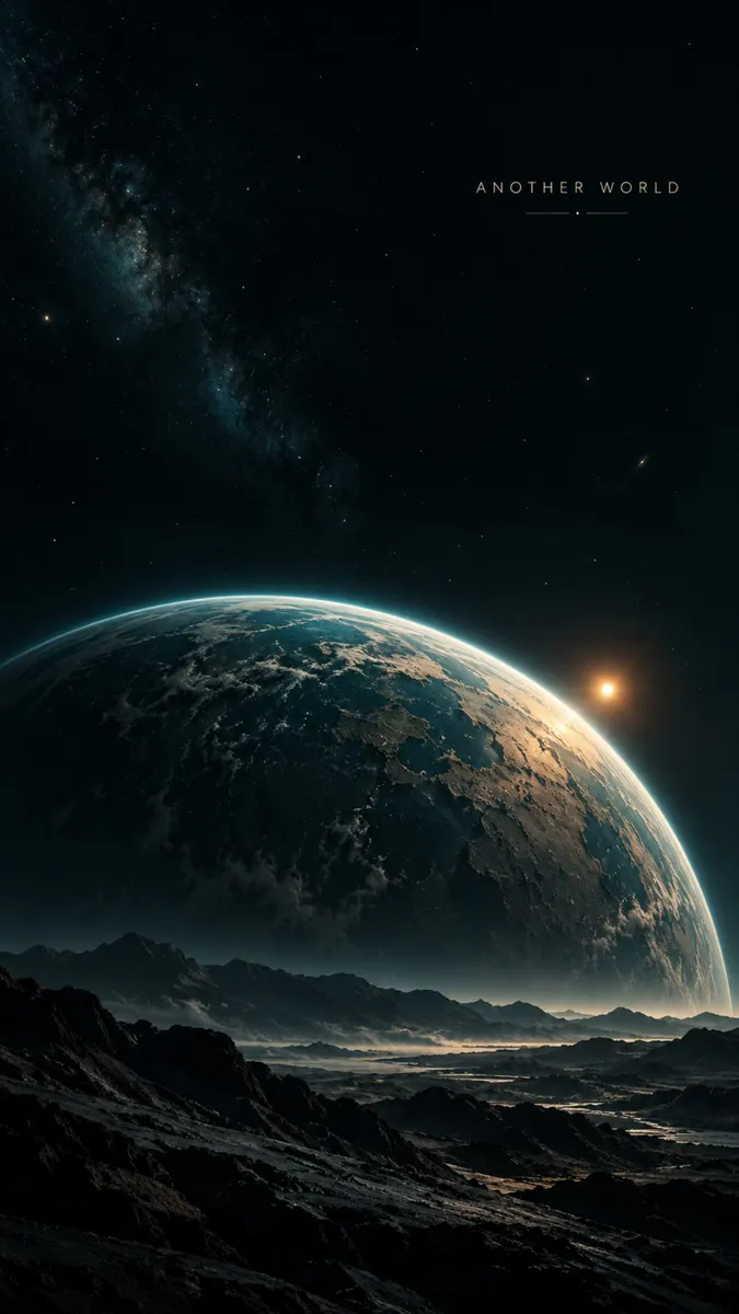 Une planète massive se profile au-dessus d'un paysage rocheux, sombre et aride sous un ciel nocturne étoilé avec une petite étoile brillante.