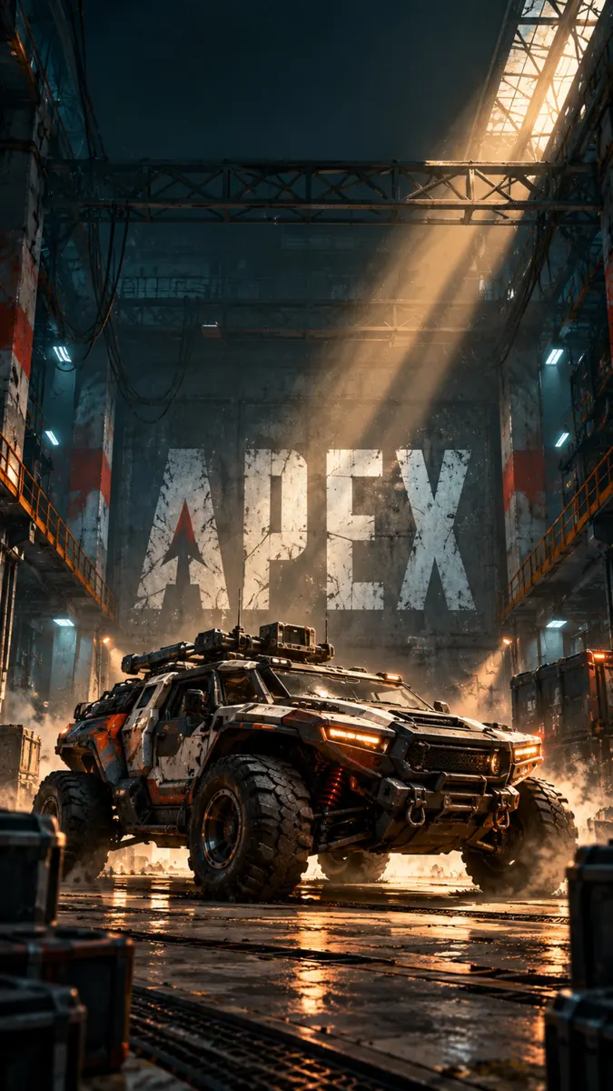 A heavily armored tactical vehicle parked in a dark industrial warehouse with the large Apex logo on the back wall.