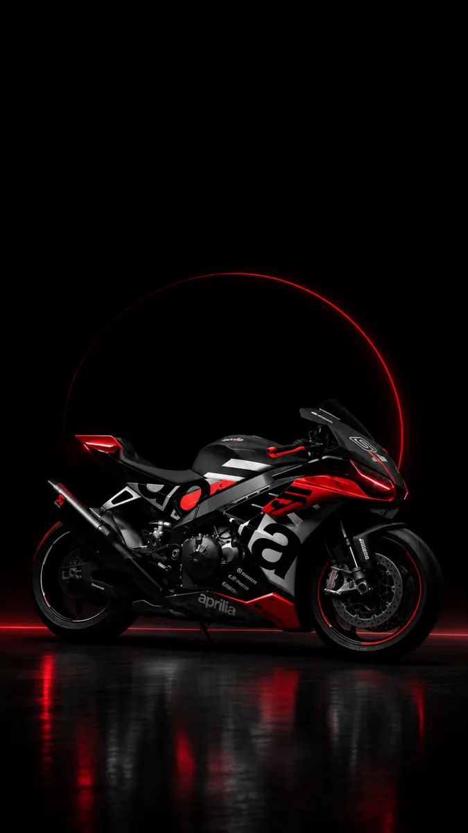 Side view of a black and red Aprilia RSV4 motorcycle parked on a reflective surface with a red neon circle in the background.