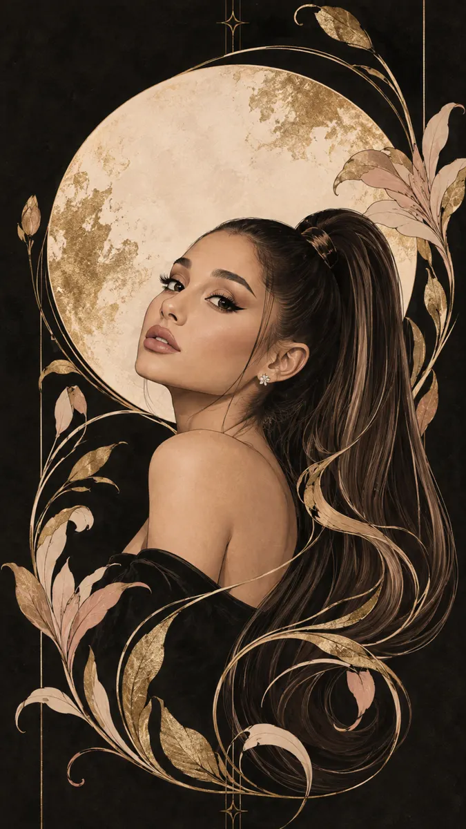 Yüksek at kuyruğu ile omzunun üzerinden bakan Ariana Grande, siyah arka plan üzerinde altın ay ve çiçek sanatı ile çevrili.
