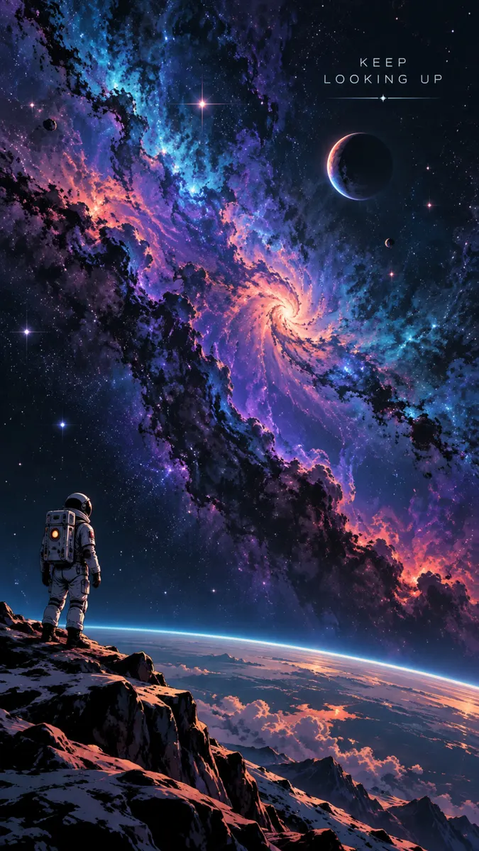 Un astronaute en combinaison blanche debout sur une falaise rocheuse regardant une galaxie massive tourbillonnante dans l'espace.