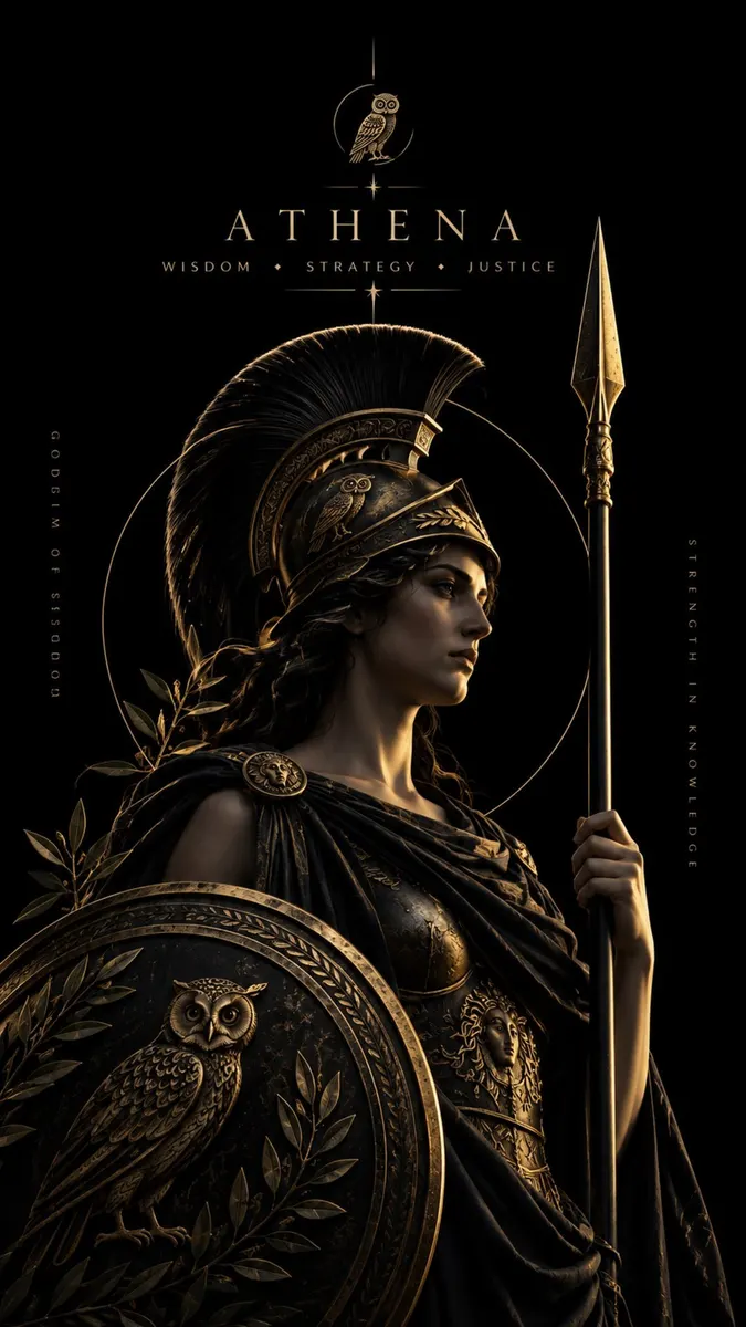 Potret Athena mengenakan helm dan baju zirah memegang tombak dengan lambang burung hantu di perisainya dengan latar belakang hitam.