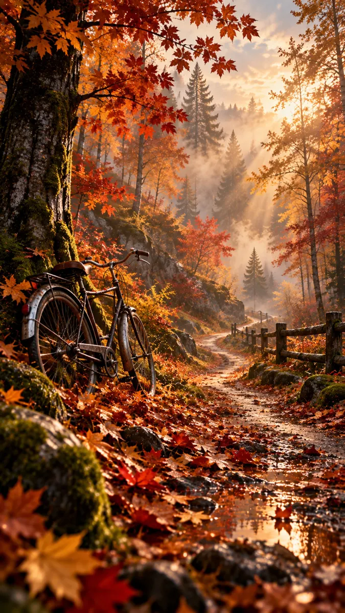 Een vintage fiets leunend tegen een grote boom op een onverhard pad bedekt met gevallen herfstbladeren in een mistig bos.