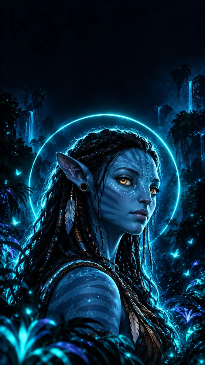 Mavi tenli ve örgülü saçlı, parlayan mavi ışık ve orman bitkileriyle çevrili Avatar'dan Neytiri