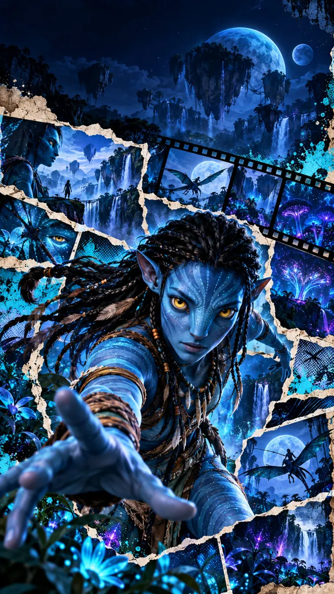 Neytiri de Avatar extendiendo la mano, con piel azul y ojos amarillos, rodeada por un collage de paisajes de Pandora y plantas bioluminiscentes.