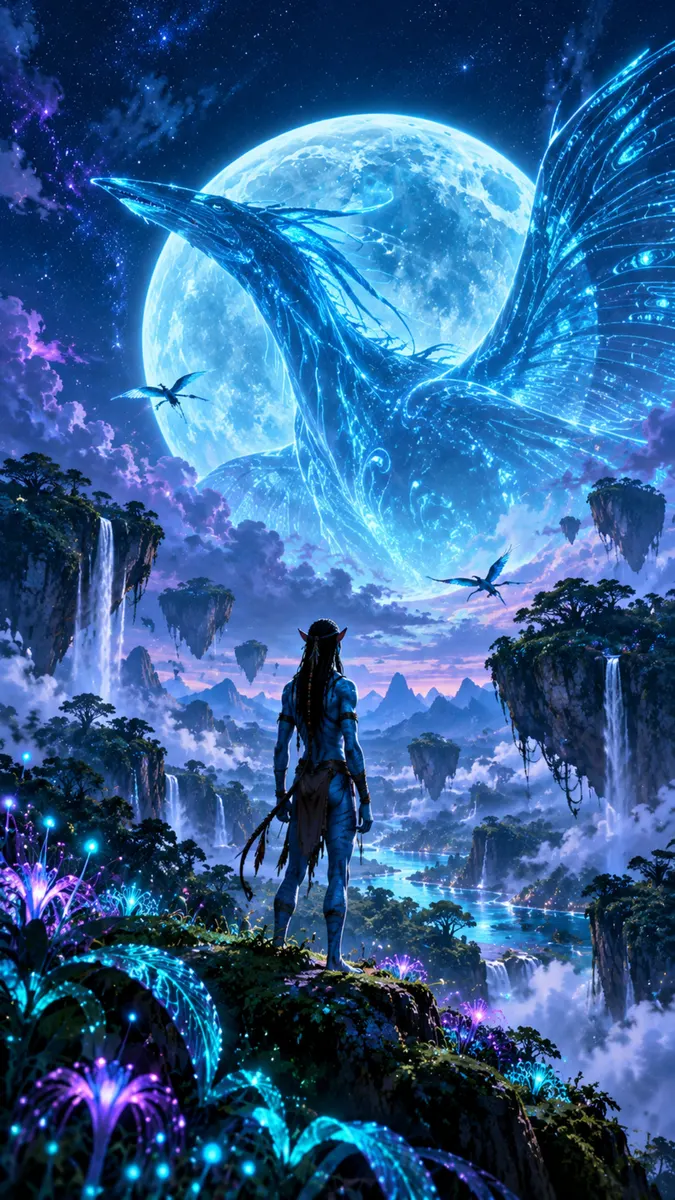 شخصية Na'vi زرقاء من Avatar تقف على حافة منحدر وتنظر إلى جبال عائمة ومخلوق عملاق متوهج في السماء