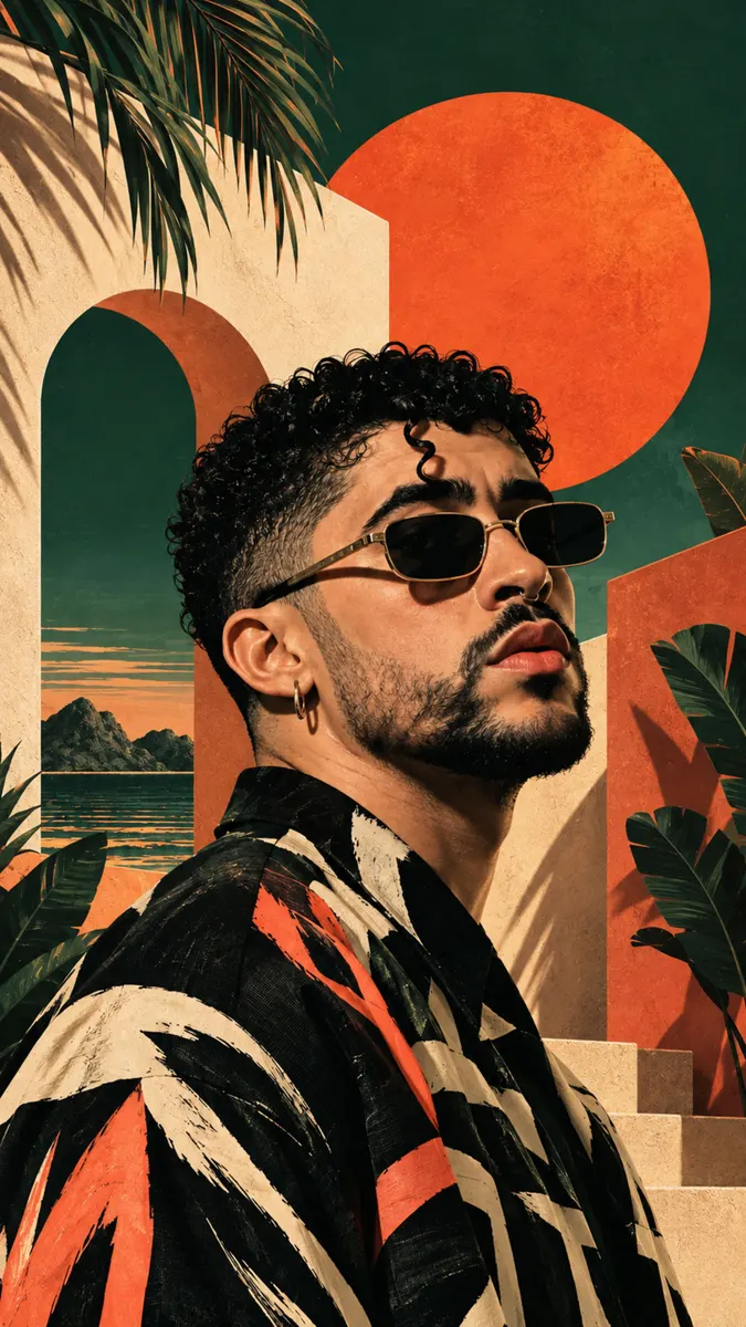 Bad Bunny, turuncu bir güneş ve tropikal mimarinin önünde güneş gözlüğü ve desenli bir gömlek giyiyor.