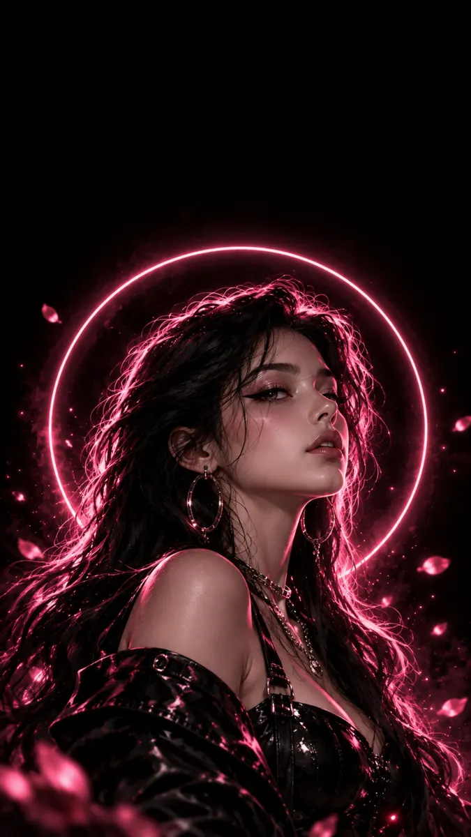 Uma mulher com cabelos longos e escuros e brincos de argola em frente a um círculo de neon rosa brilhante com pétalas flutuantes.