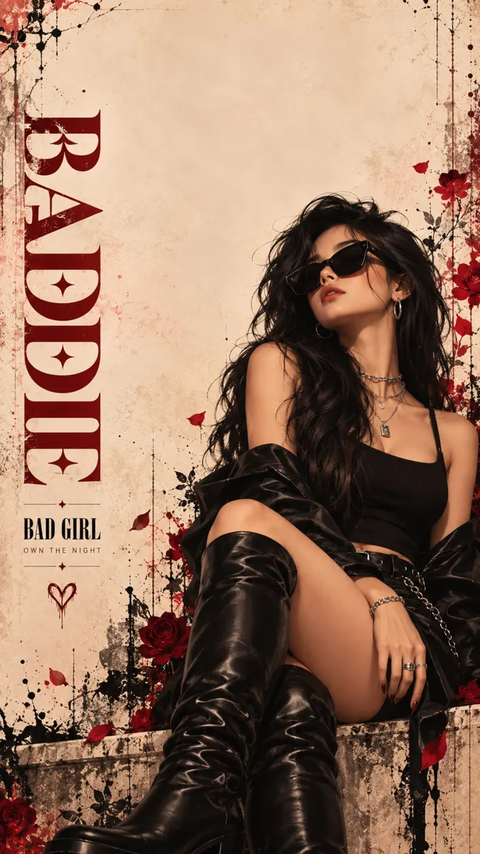 Una mujer de cabello largo y oscuro con gafas de sol negras y un conjunto de cuero sentada entre rosas rojas con el texto BADDIE.