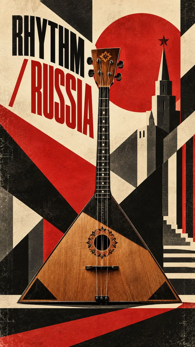 Een houten driehoekig balalaika-instrument gecentreerd over een geometrisch grafisch ontwerp met een rode zon en gestileerde Russische gebouw-silhouetten.