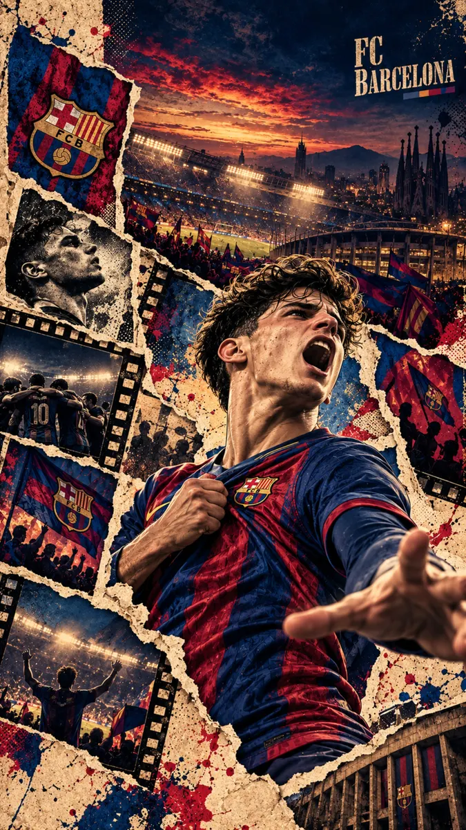 كولاج لصور FC Barcelona يتضمن غافي وهو يحتفل، ومشاهد ليلية للملعب، وشعار الفريق مع سماء الغروب في الخلفية.