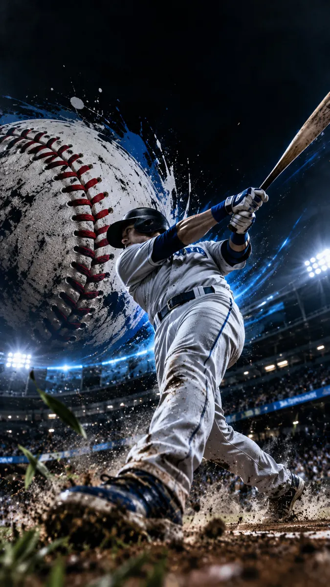 Honkbalspeler in wit uniform zwaait met een knuppel, met een grote honkbal en blauwe verfspatten op de achtergrond