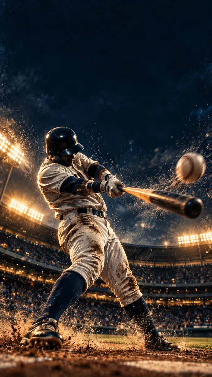 Un bateador de béisbol con uniforme blanco golpeando una pelota con un bate de madera en un campo de tierra por la noche.
