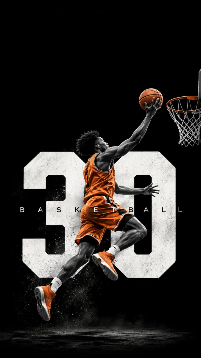 Un jugador de baloncesto con uniforme naranja saltando alto para hacer un mate cerca de una canasta con un gran número 30 detrás de él.