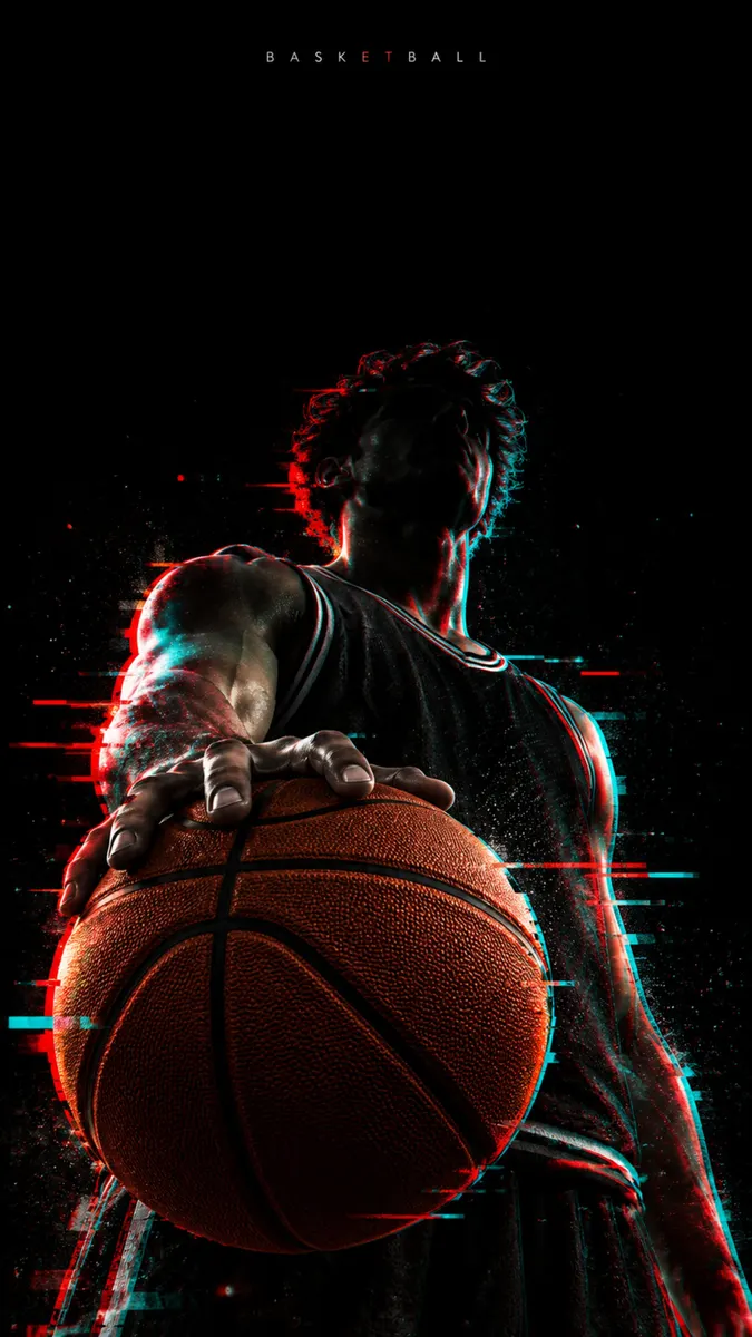 Un jugador de baloncesto con camiseta oscura sostiene un balón frente a la cámara con efectos digitales glitch rojos y azules.