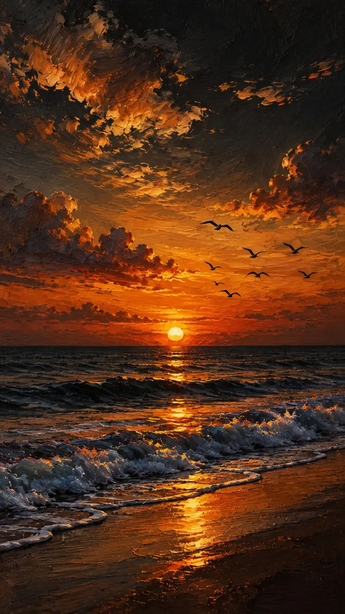 Playa al estilo de pintura al óleo con atardecer naranja, nubes oscuras, olas del océano golpeando la orilla y pájaros volando en el cielo.