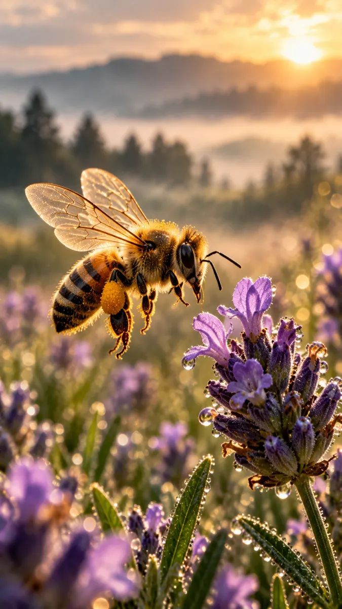 Una abeja melífera volando hacia una flor de lavanda morada cubierta de gotas de rocío durante un amanecer dorado.