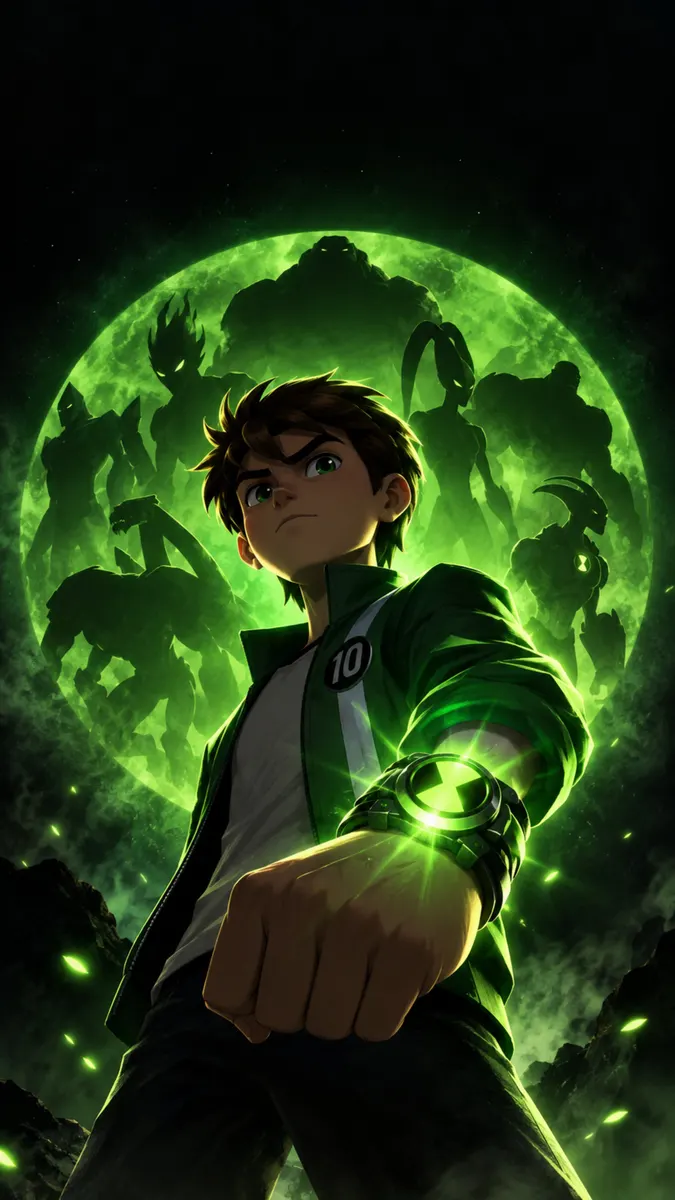 Ben Tennyson con cabello castaño y chaqueta verde, su dispositivo de muñeca Omnitrix brillante es prominente, con siluetas alienígenas en un fondo circular verde.