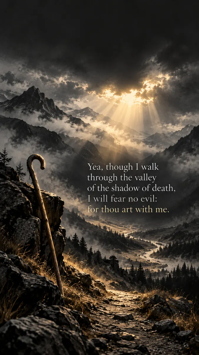 A wooden shepherd staff leans against a rocky cliff overlooking a dark mountain valley with sunbeams shining through clouds and Bible verse text.