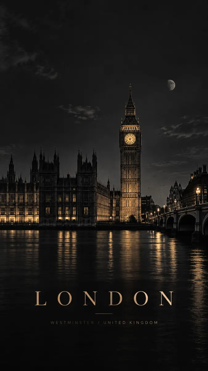 Big Ben saat kulesi ve Parlamento Binaları gece parlıyor, nehirde yansımalar ve yukarıda küçük bir ay var.
