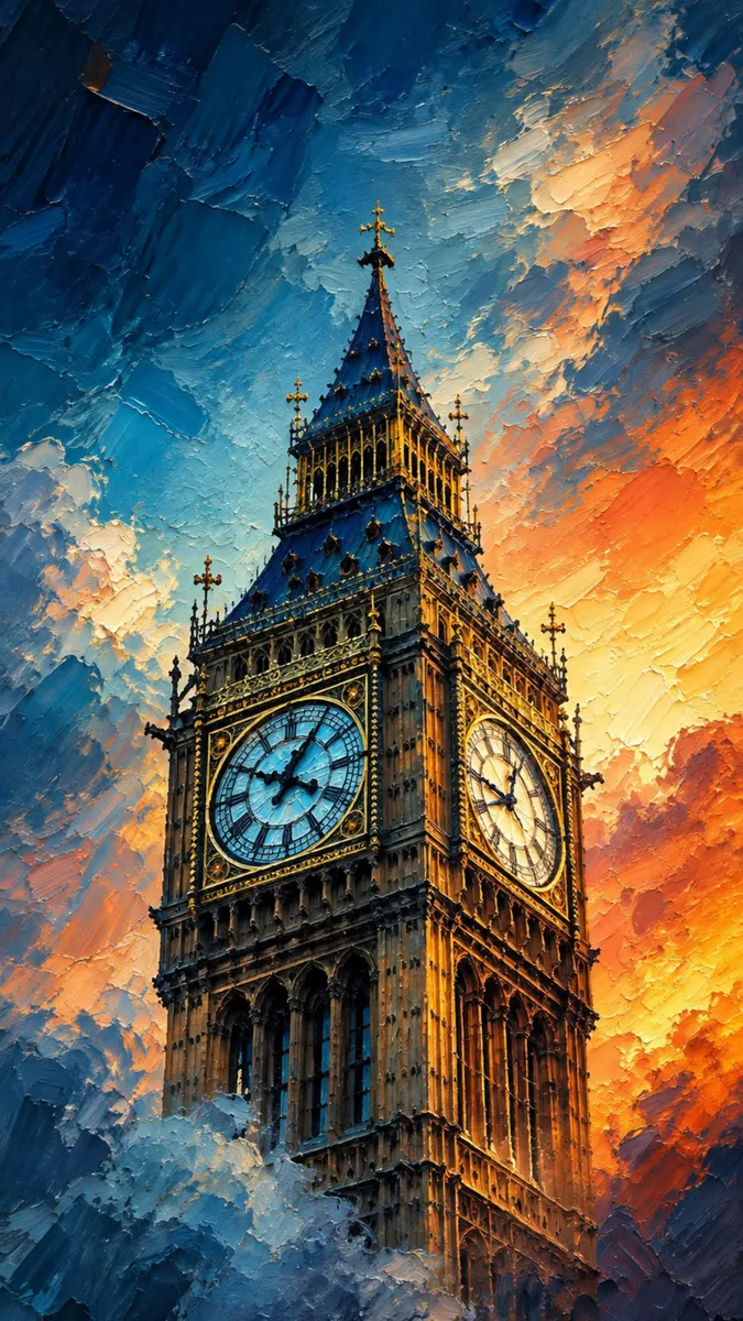 Renkli bir gün batımı gökyüzüne karşı kalın fırça darbeleriyle yağlı boya tarzında işlenmiş Big Ben saat kulesi.