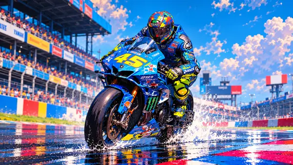 Um piloto de motociclismo com equipamento azul pilotando uma moto de corrida azul com o número 45 através da água em uma pista