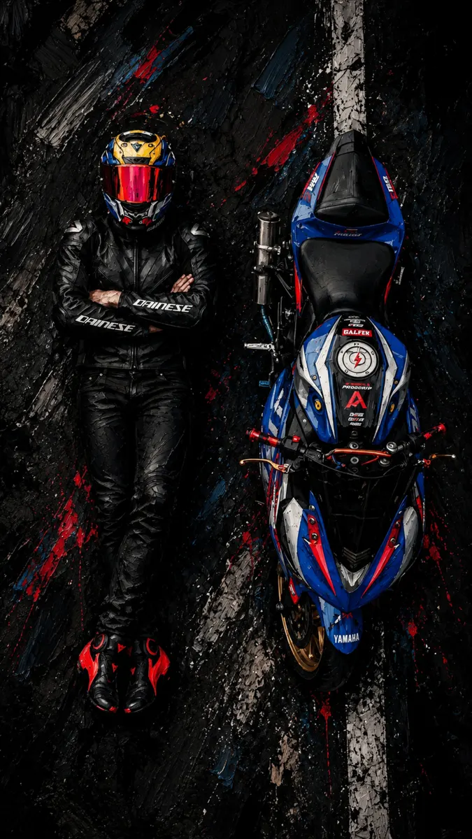 Siyah Dainese deri kıyafetli ve kasklı bir kişi, karanlık bir yolda mavi ve kırmızı bir Yamaha motosikletinin yanında duruyor.