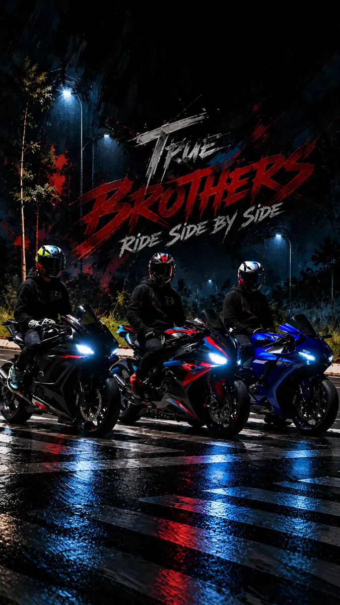 黒い装備の3人のバイク乗りが、夜の濡れた道路でスポーツバイクを運転しており、その上に赤いテキストがある。