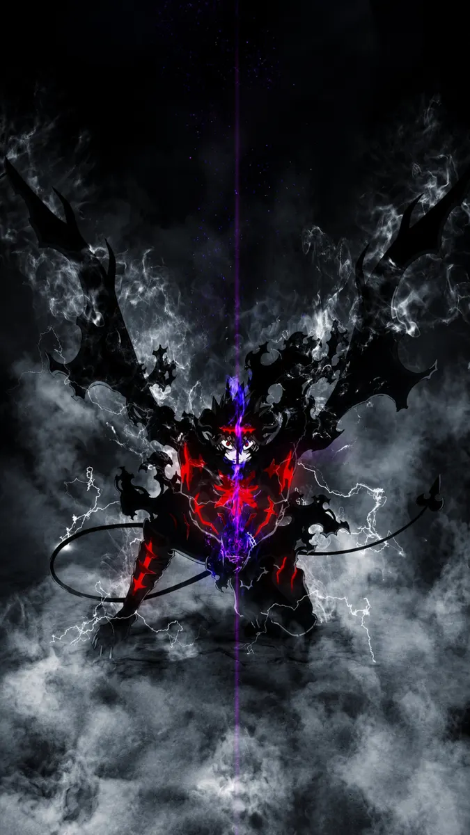 Asta en forma demoníaca con alas negras y marcas rojas brillantes agachado entre humo oscuro y rayos.
