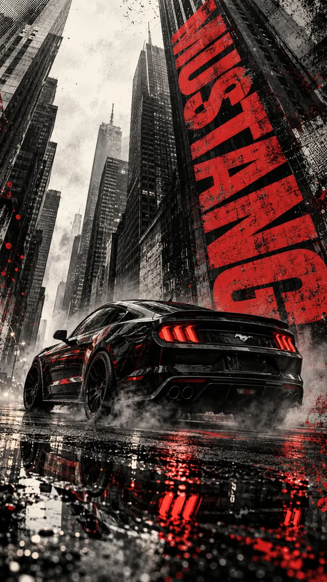 雨の街の通りにいる黒いFord Mustangの後ろ姿と、建物にある大きな赤いMustangの看板。