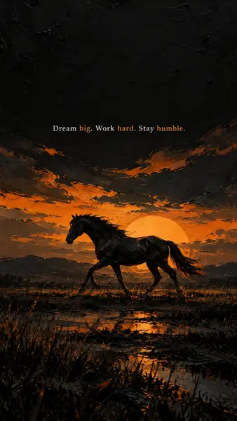 Ein schwarzes Pferd rennt bei Sonnenuntergang über ein dunkles Feld mit dem Motivationszitat Dream big. Work hard. Stay humble. darüber.