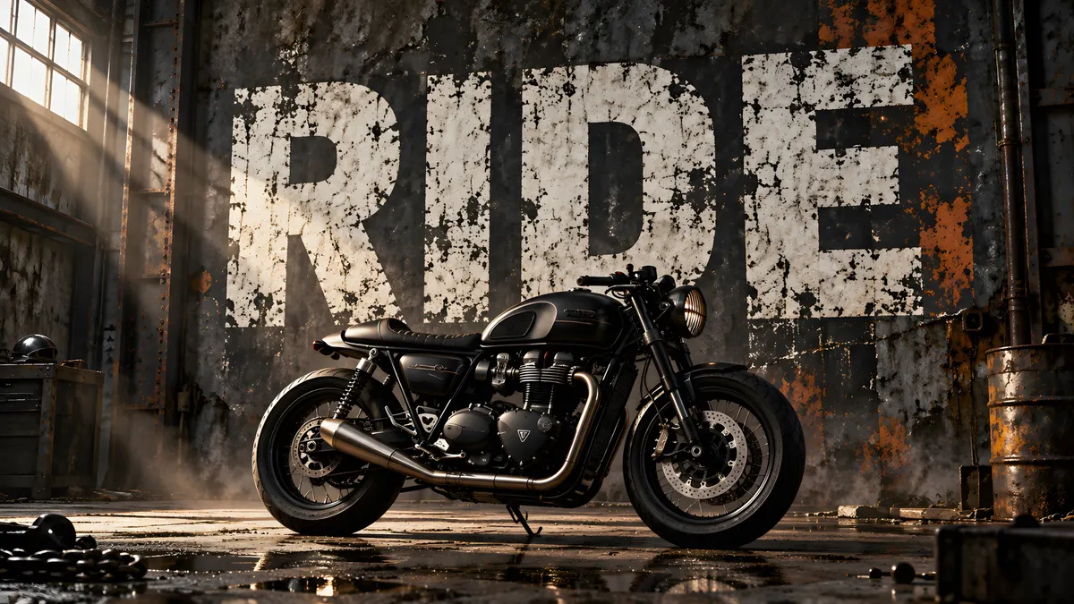 Una motocicleta negra aparcada en un garaje con la palabra RIDE pintada en grandes letras blancas sobre la pared desgastada detrás de ella.