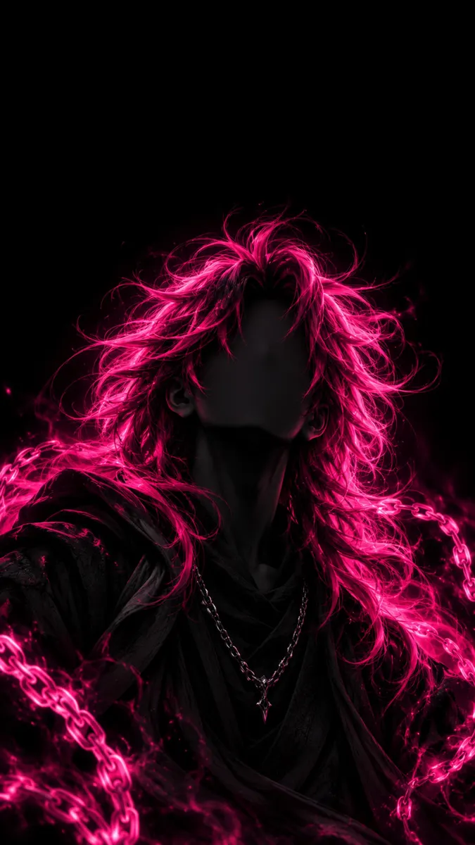 Una persona sin rostro con cabello largo y fluido de y un collar de cadena plateada, rodeada de cadenas rosas brillantes sobre un fondo oscuro.