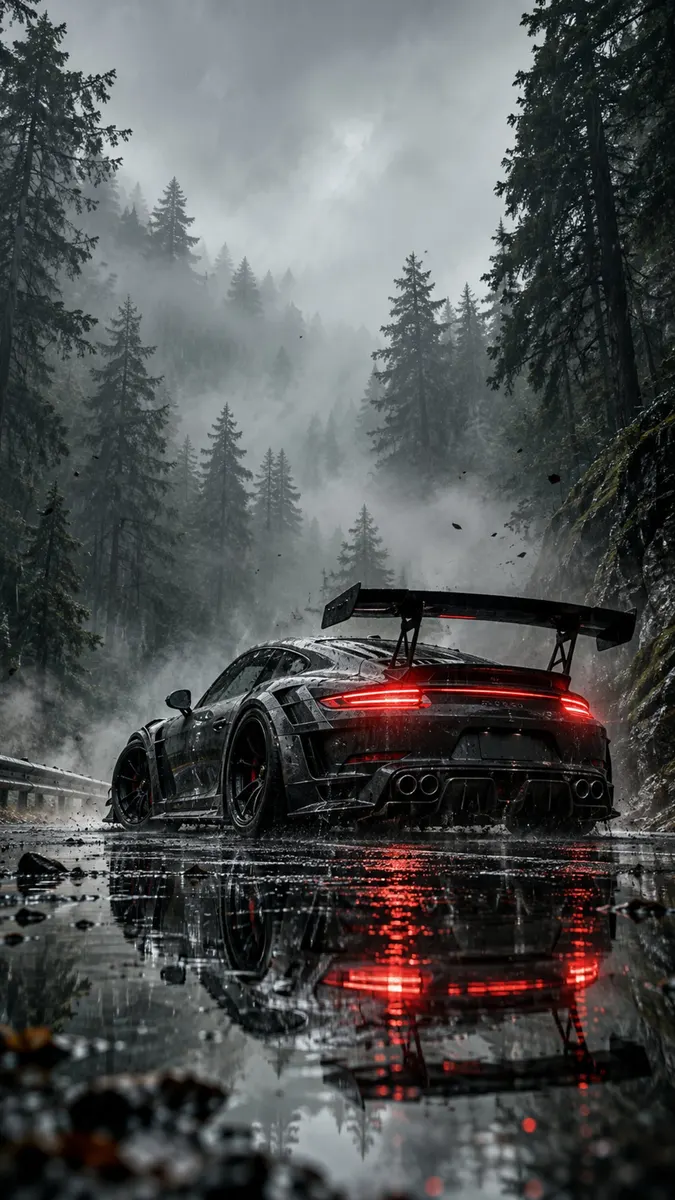 Tampilan belakang Porsche 911 hitam dengan sayap belakang besar yang diparkir di jalan basah di hutan berkabut