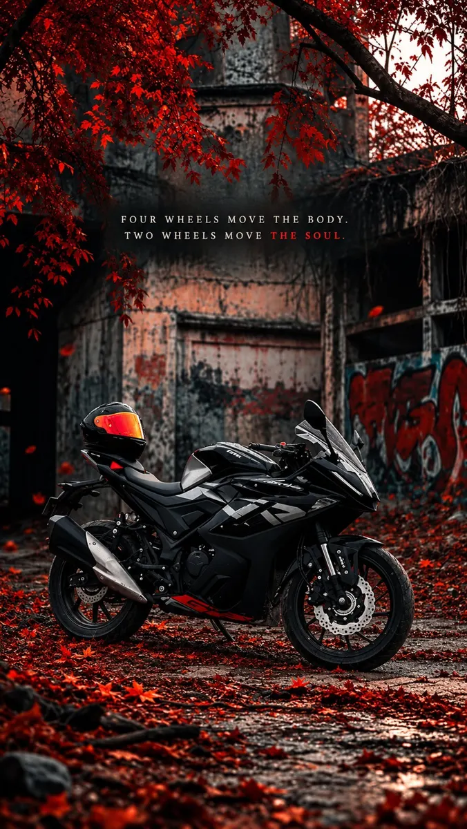 Uma moto esportiva preta estacionada em um chão coberto com folhas vermelhas de outono em frente a um prédio desgastado.