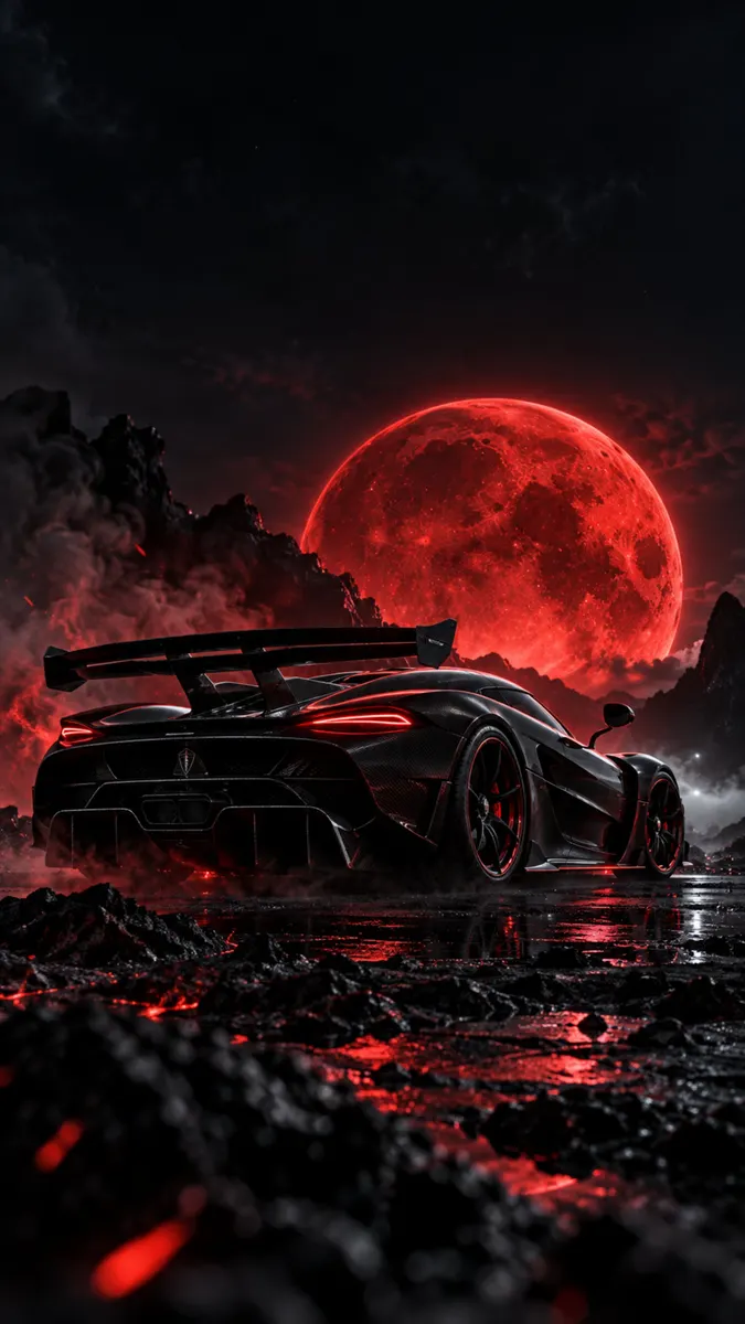 Vista trasera de un superdeportivo negro con un gran alerón aparcado en un suelo rocoso mojado bajo una luna roja gigante.