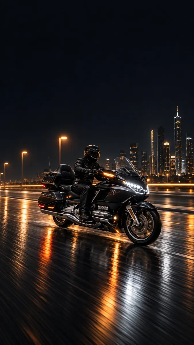 Una persona con equipo de conducción negro en una gran moto touring conduciendo por una carretera mojada de noche con luces de la ciudad al fondo.
