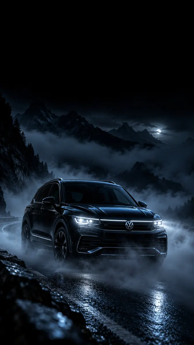 Un SUV Volkswagen Tiguan negro conduciendo por una carretera sinuosa rodeada de espesa niebla, montañas oscuras y una luna brillante.